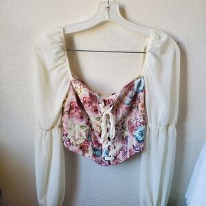 SHEIN Floral Lace-Up Blouse with Cream Sleeves